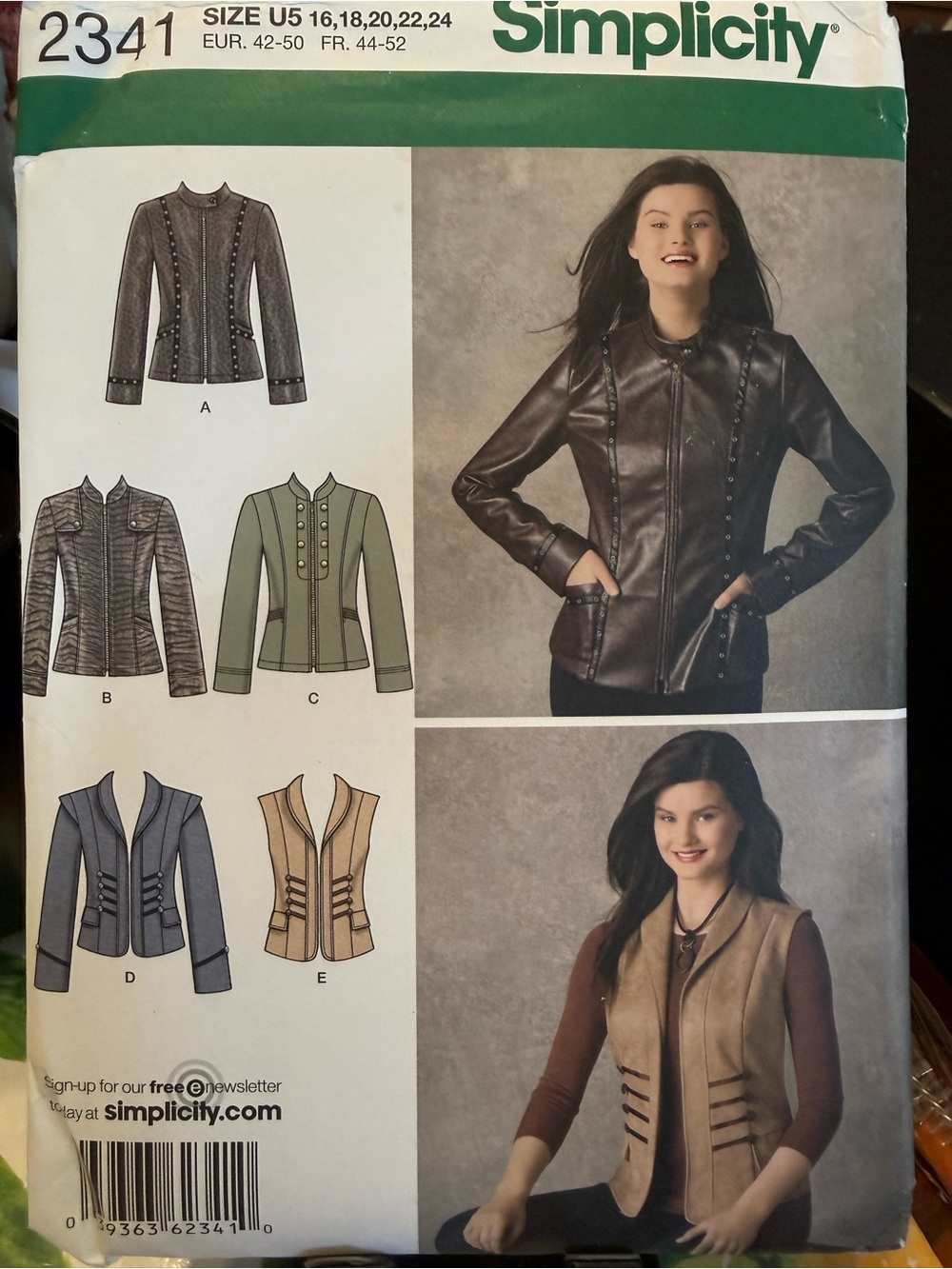 PLUS SIZE Simplicity 2341 Military Moto Jacket Vest Sewing Pattern 16-24 Uncut